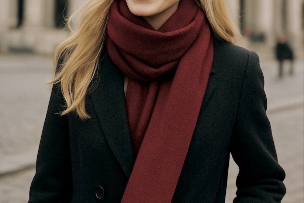 Unser Model trägt einen dunkelroten Wolle-Kaschmir Schal aus der Bondbery Collection. Erhältlich in mehreren Farben.