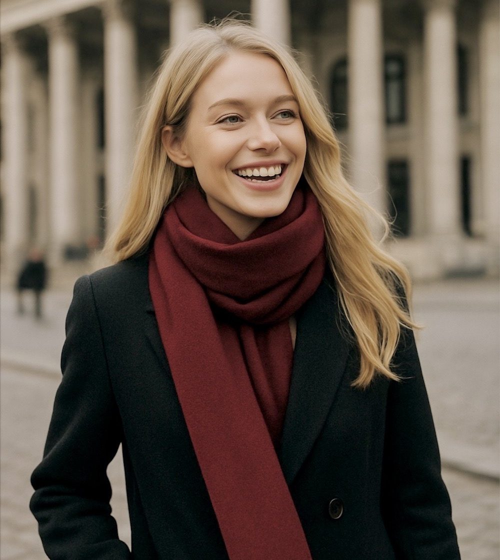 Unser Model trägt einen dunkelroten Schal aus der Bondbery Collection Herbst/Winter, erhältlich in vielen uni-Farben. Komposition mit Wolle und Kaschmir.